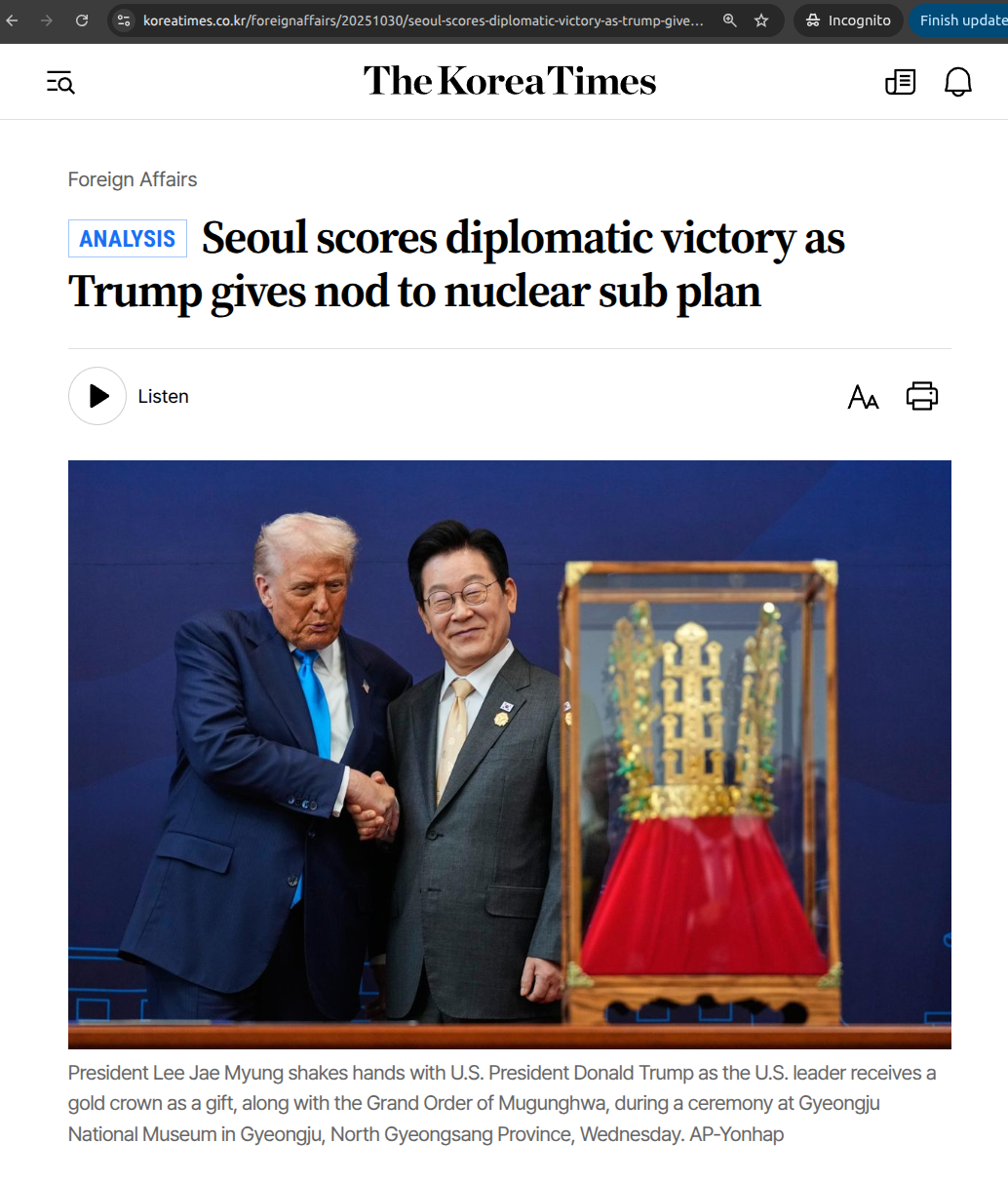 President Lee Jae Myung shakes hands with Donald Trump during golden crown presentation