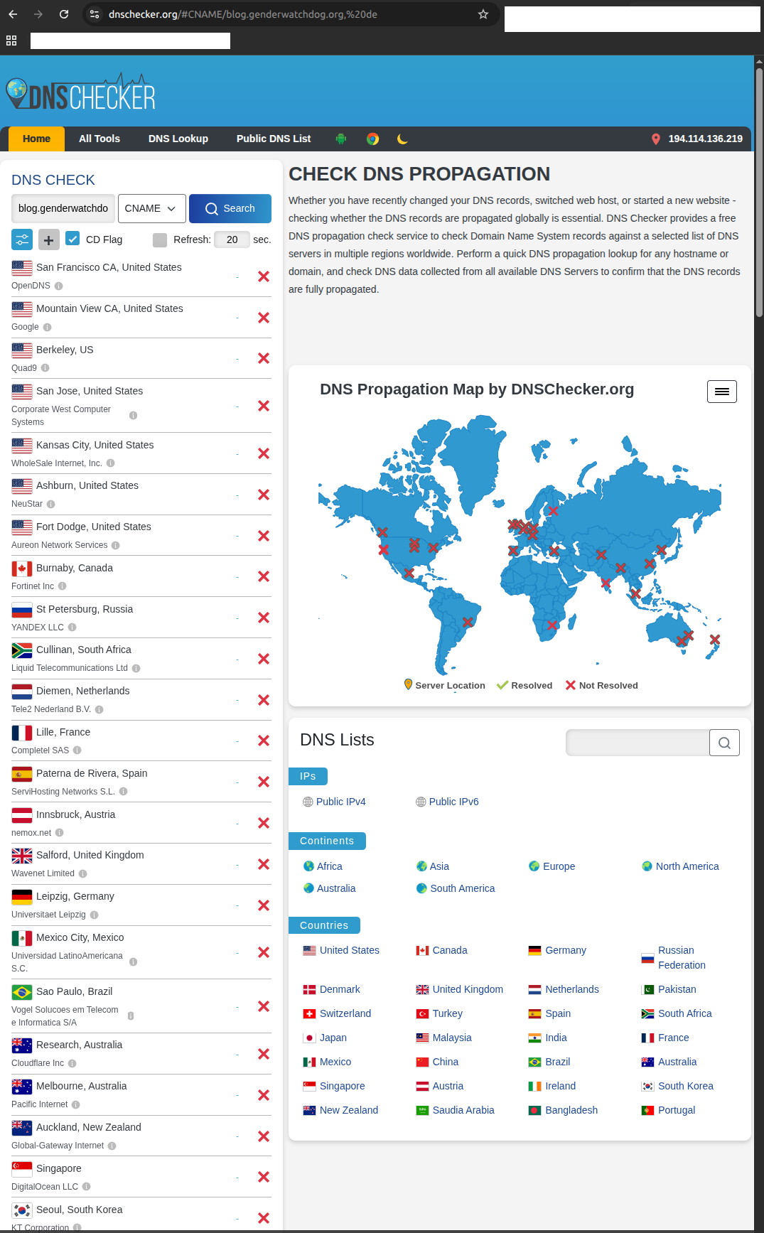 DNS Checker showing global DNS failure with red X marks worldwide