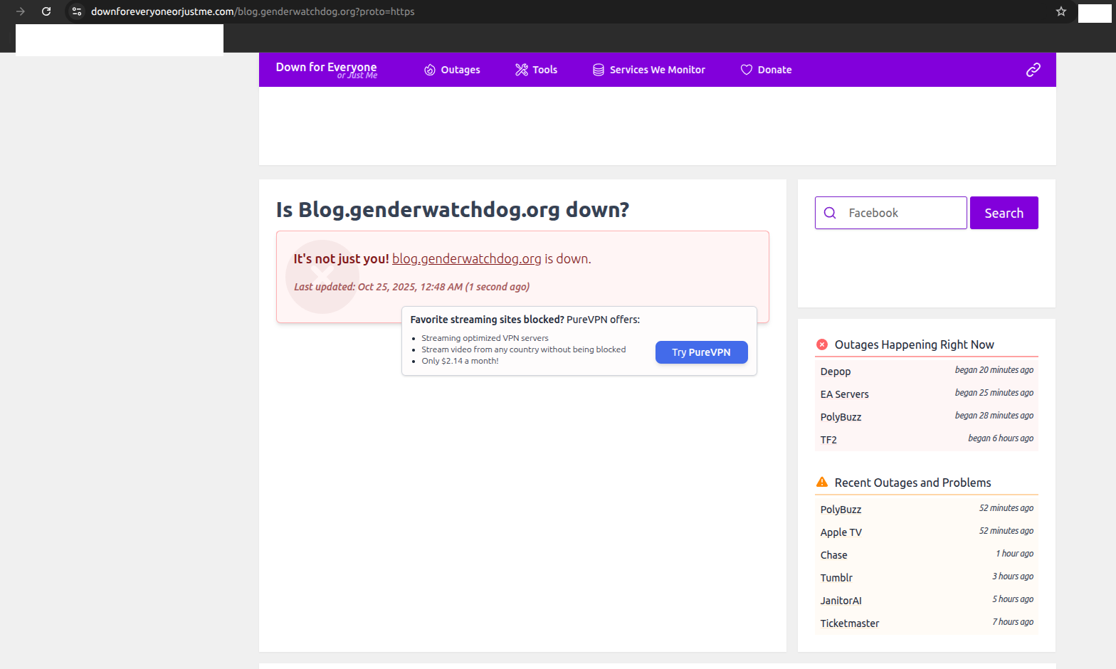 Down For Everyone Or Just Me showing blog.genderwatchdog.org is down