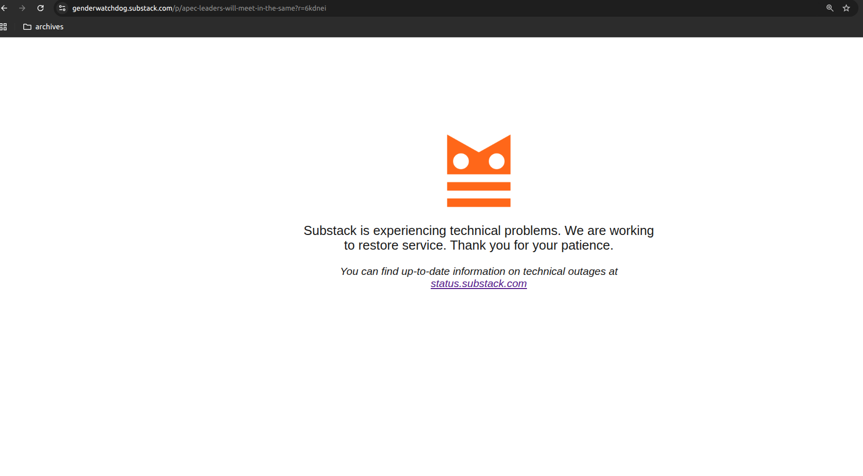 Substack error page for APEC post showing "technical problems" message